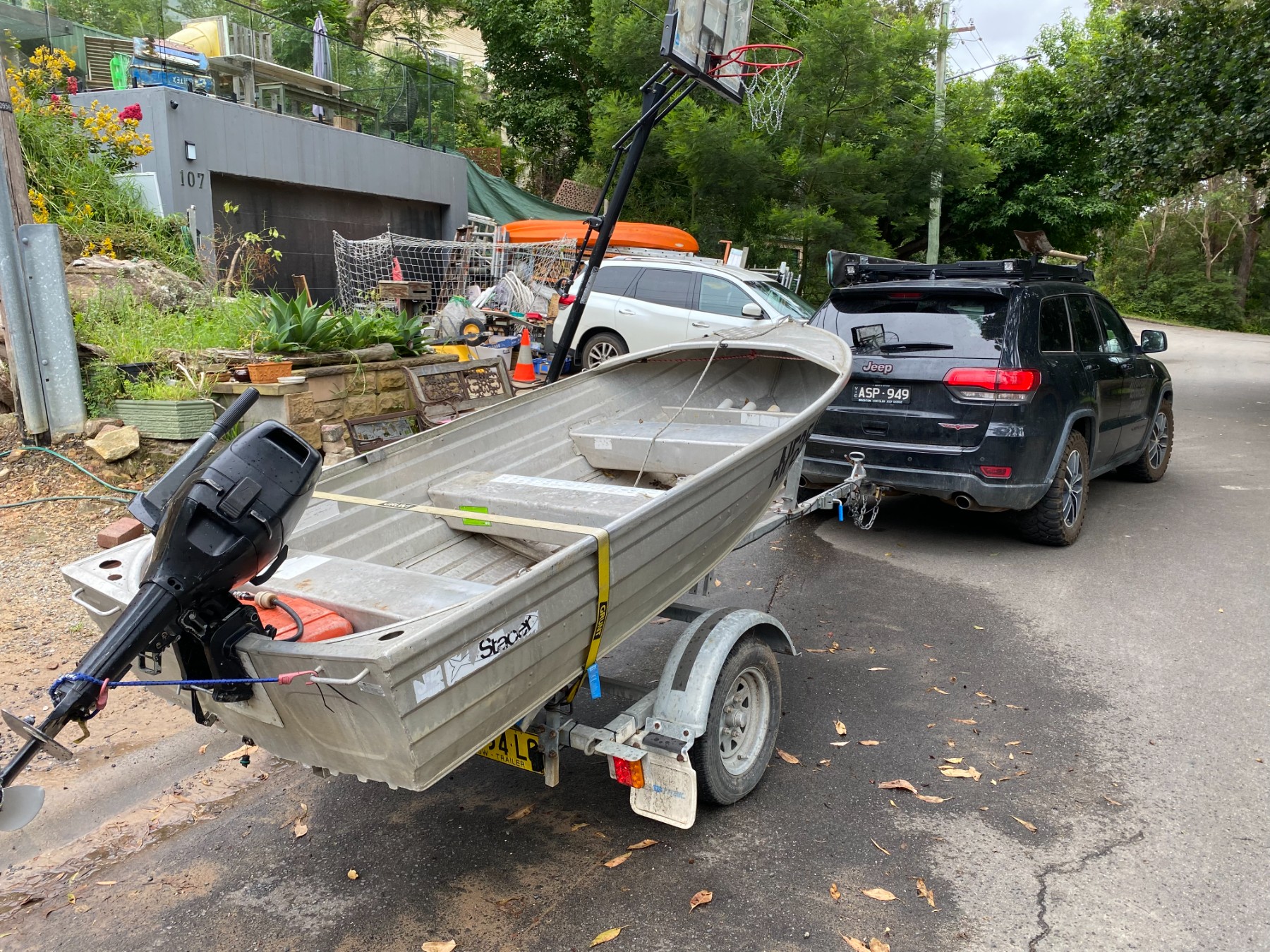 Aluminium tinnie (small row/jet boat) with trailer + outboard — pickup Pakenham