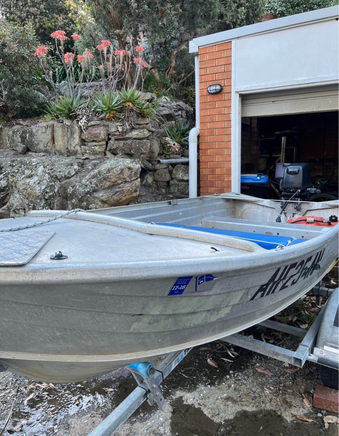 Aluminium tinnie (small row/jet boat) with trailer + outboard — pickup Pakenham